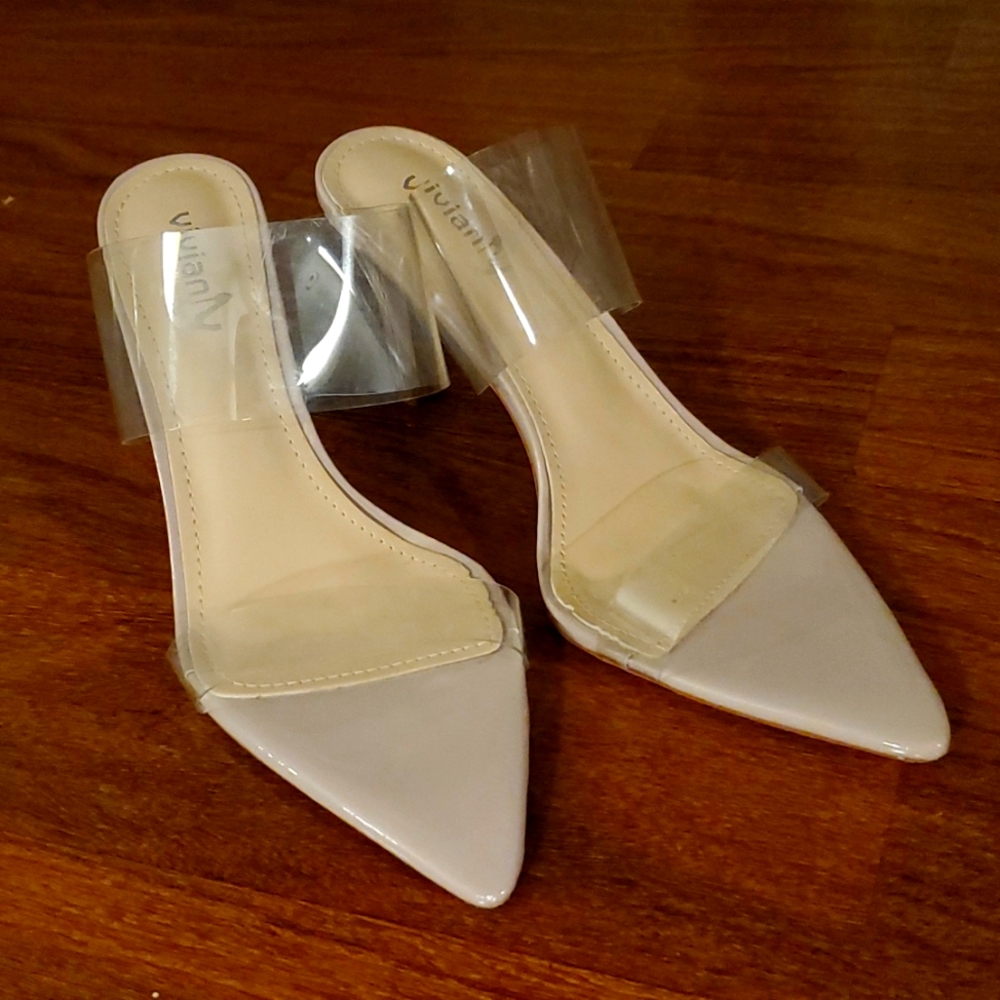 Vivianly Women's Clear Pointed Toe Nude Heeled Shoes - Size 8/8.5